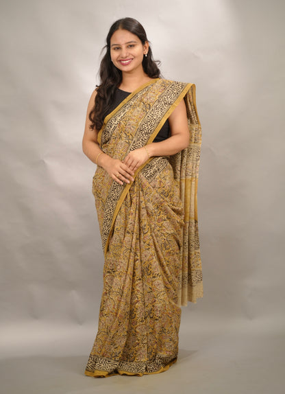 Mustard Hand Block Printed Kalamkari Cotton Saree | Looms & Tassels