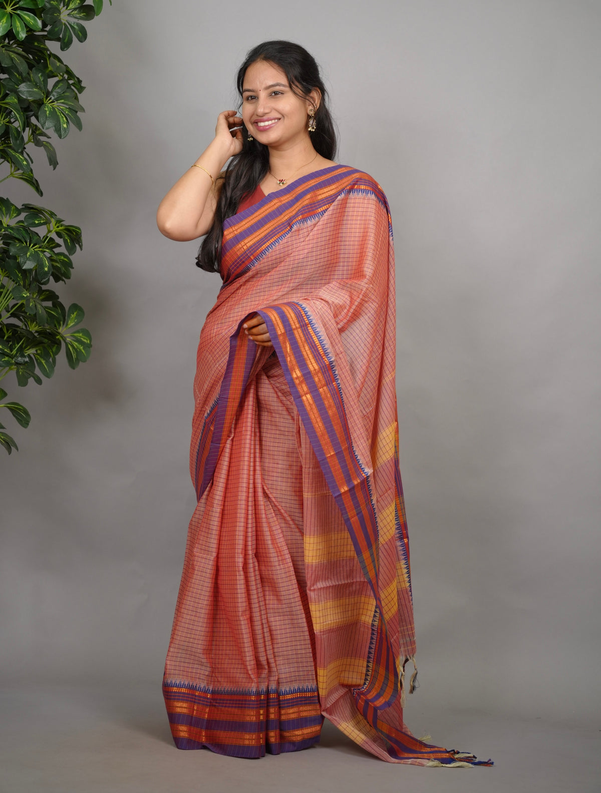 Onion Pink Checks Narayanpet Cotton Saree with Traditional contrast Border | Looms & Tassels