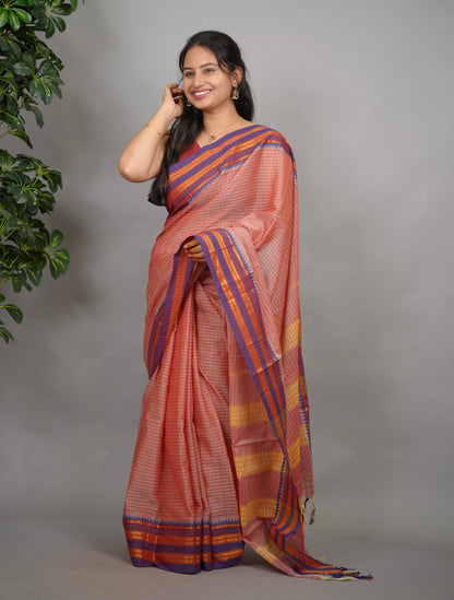 Onion Pink Checks Narayanpet Cotton Saree with Traditional contrast Border | Looms & Tassels