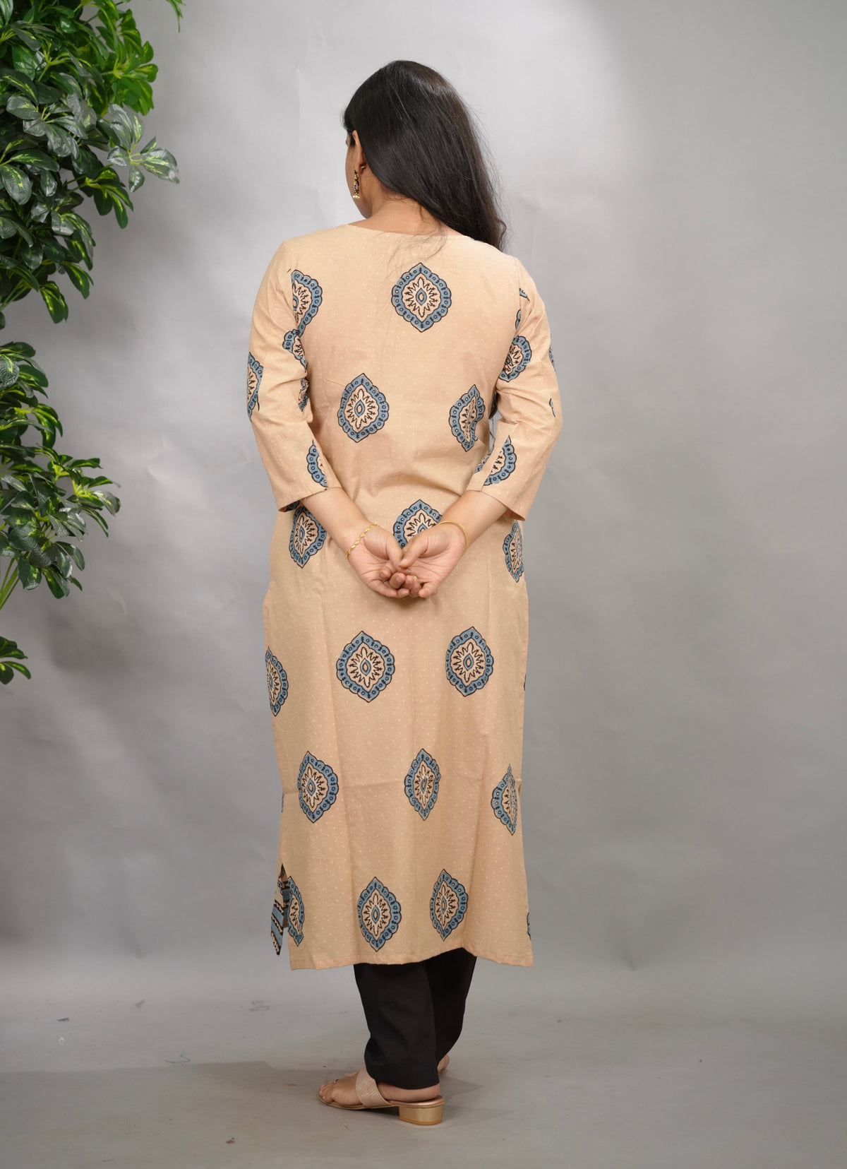 Cream Ajrakh Pattern Hand Block printed Kurti | Looms & Tassels