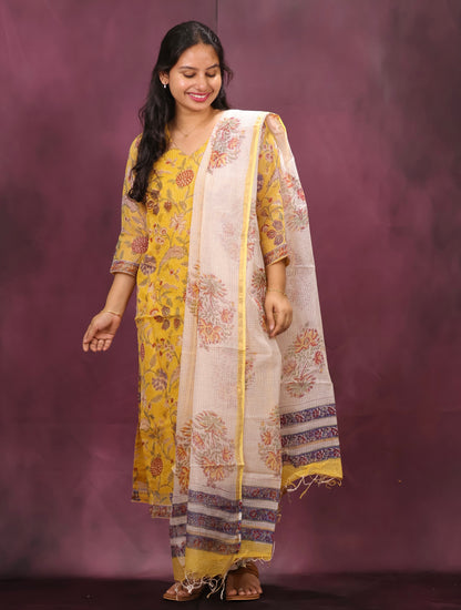 Yellow Handblock printed kota 3 piece suit (stitched)