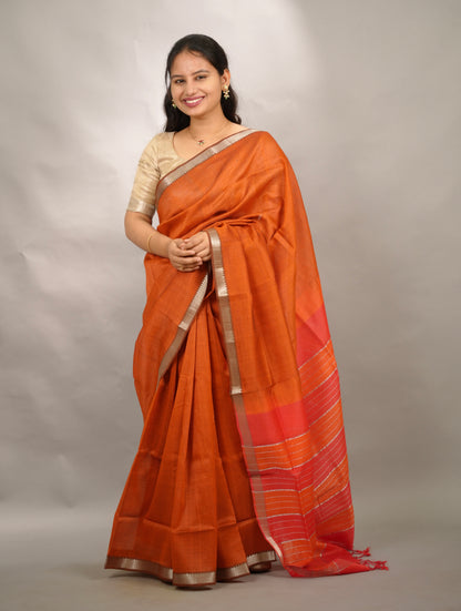 Rust Handloom Mangalagiri Silk Saree| Looms & Tassels