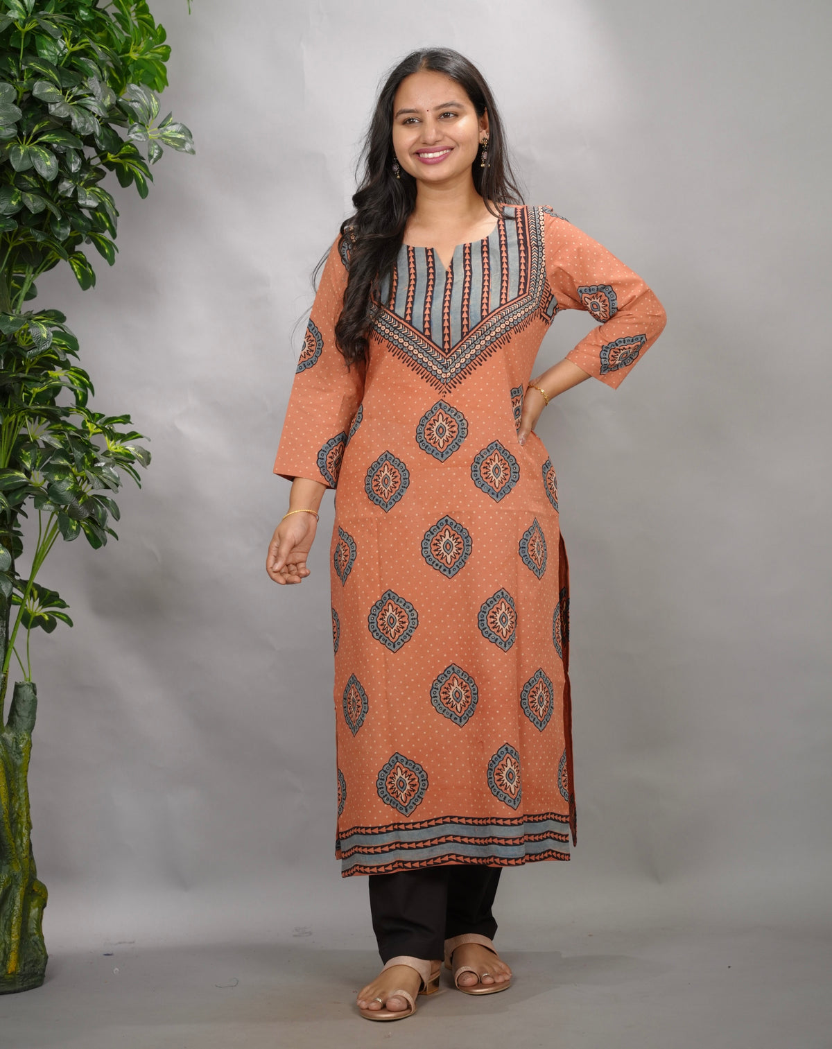 Peach Ajrakh Pattern Hand Block printed Kurti | Looms & Tassels