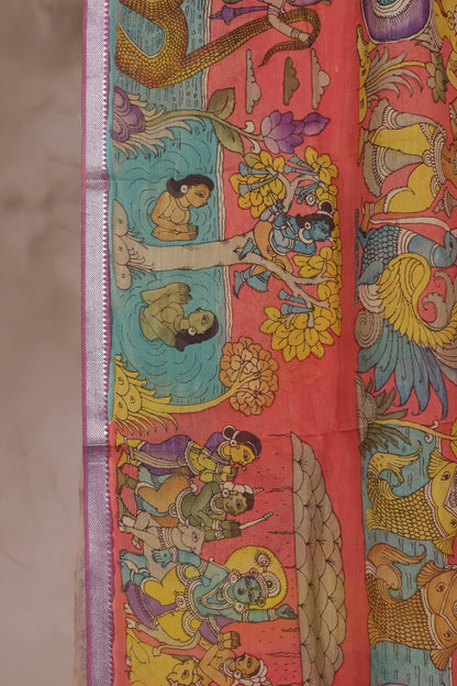 Peach Pen Kalamkari Mangalagiri silk Dupatta