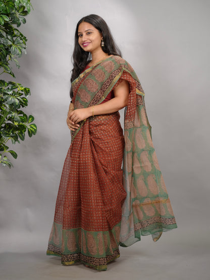 Maroon Pure Kota Doria Saree with Bagru Handblock Prints