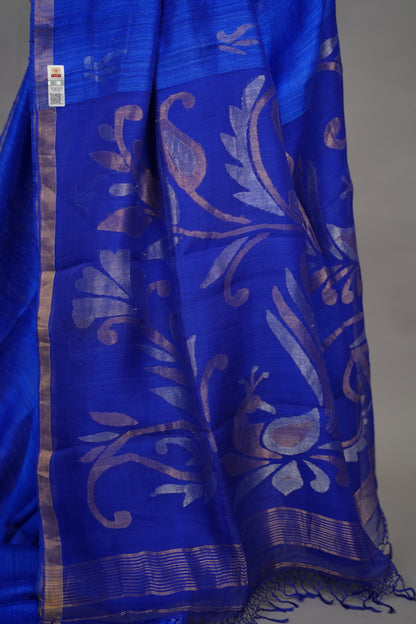 Blue Handloom Jamdhani Pure Matka Silk Saree with Muslin Silk Pallu