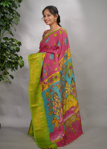 Pink Hand Drawn Pen Kalamkari Bangalore Silk Kanchi Border Saree | Looms & Tassels