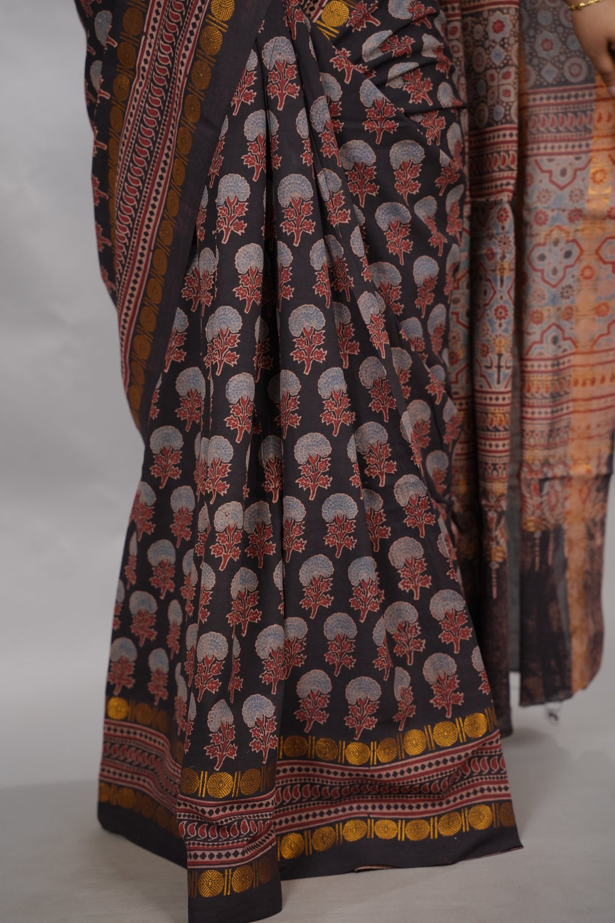 Black Ajrakh Hand Block Printed Sungudi Cotton Saree | Looms & Tassels