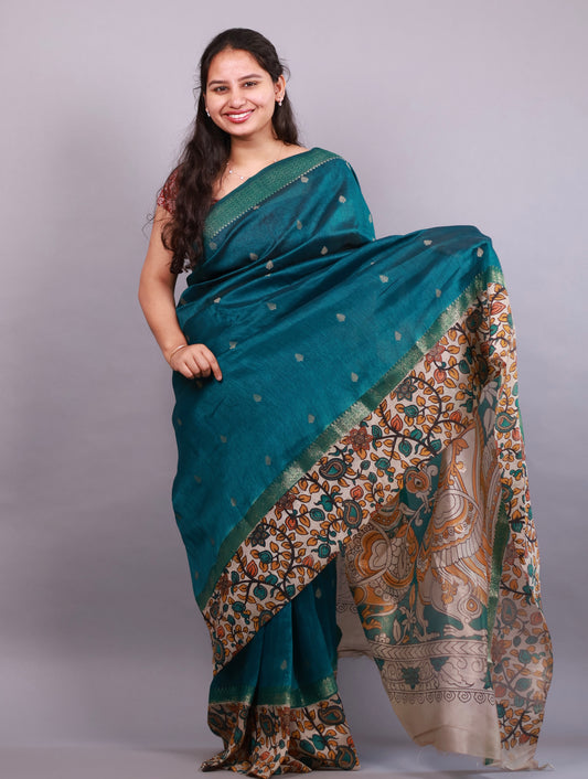 Peacock Green Chanderi Silk Kalamkari dyeing saree | Looms & Tassels