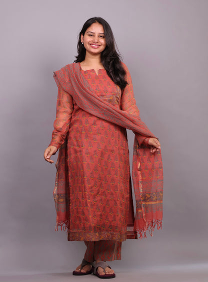 Rust orange Handblock printed kota 3 piece suit with chudi sleeves (stitched)