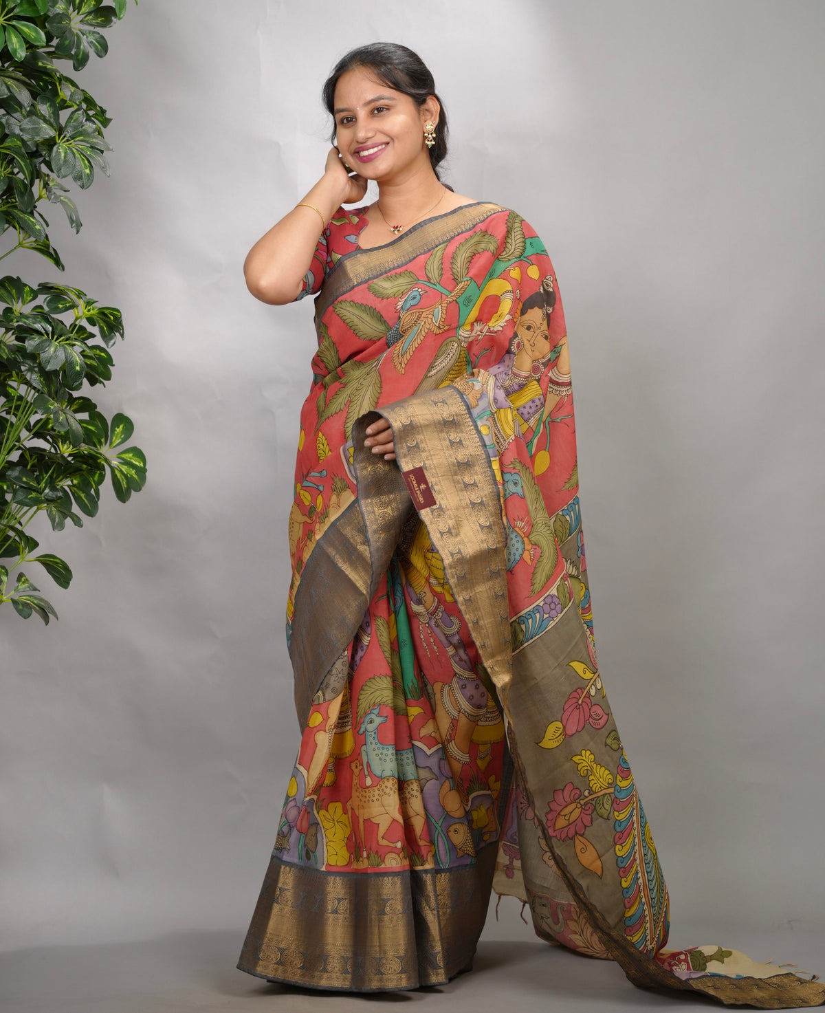 Peach Hand Drawn Pen Kalamkari Bangalore Silk Kanchi Border Saree | Looms & Tassels