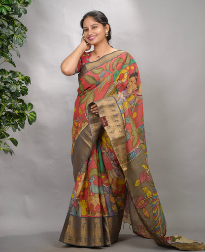 Peach Hand Drawn Pen Kalamkari Bangalore Silk Kanchi Border Saree | Looms & Tassels