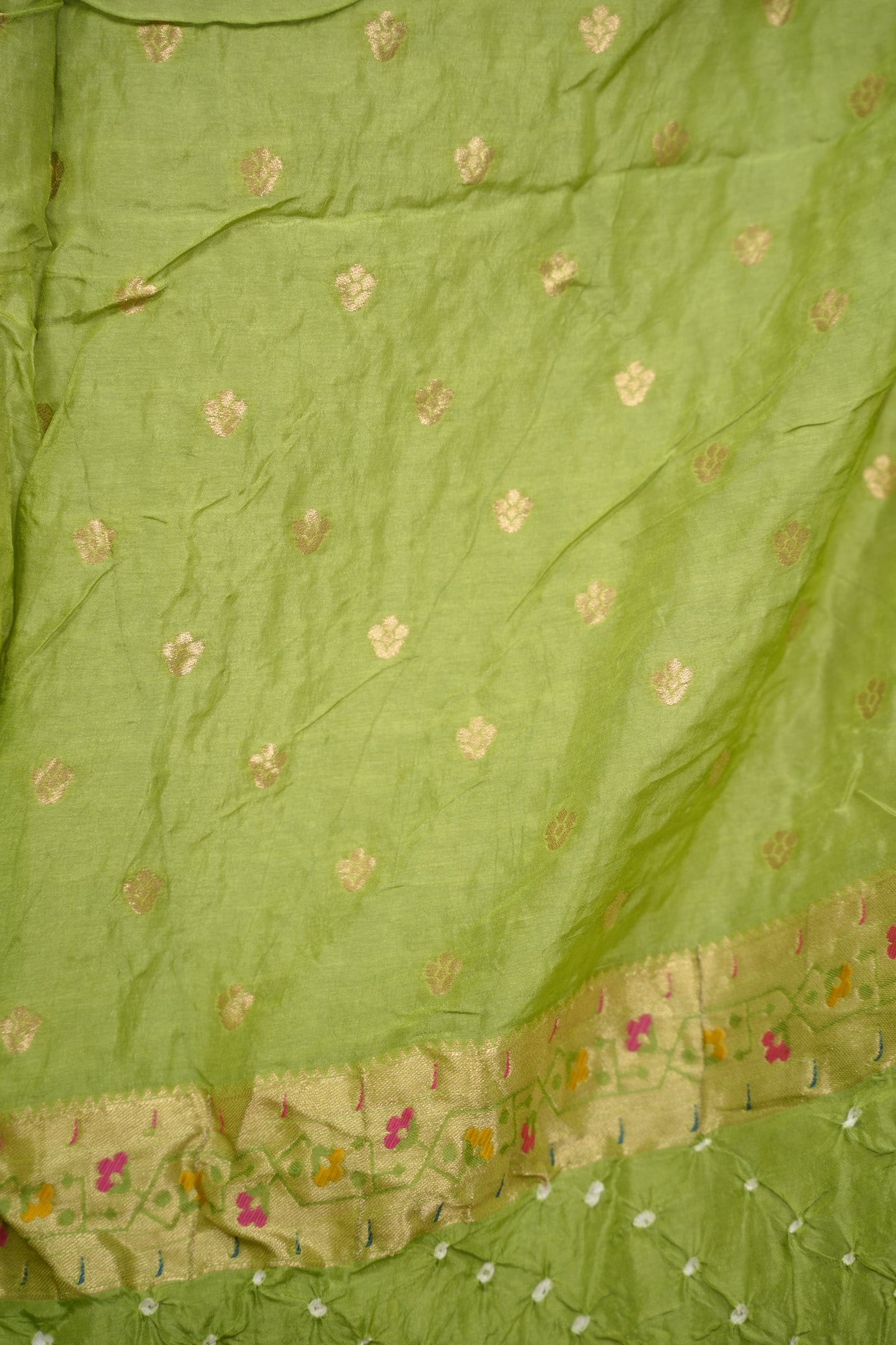 Parrot Green Handcrafted Bandhani Paithani Dola Silk Saree | Looms & Tassels