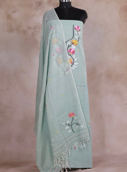 Pastel Mint Green Handwoven Jamdhani weaving pure Malai cotton 2 piece suit sets | Looms & Tassels