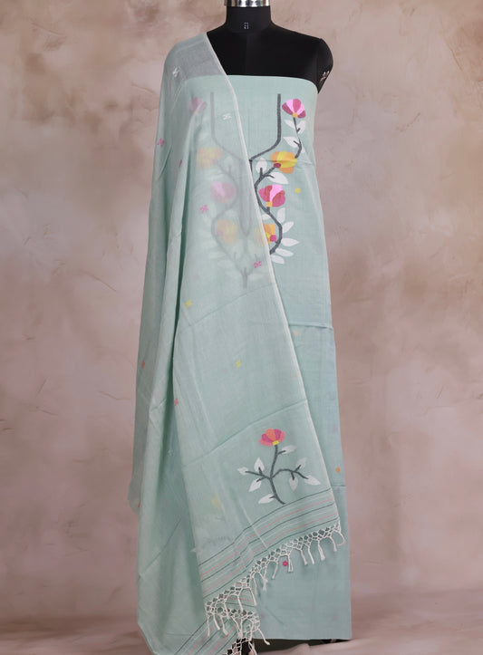 Pastel Mint Green Handwoven Jamdhani weaving pure Malai cotton 2 piece suit sets | Looms & Tassels