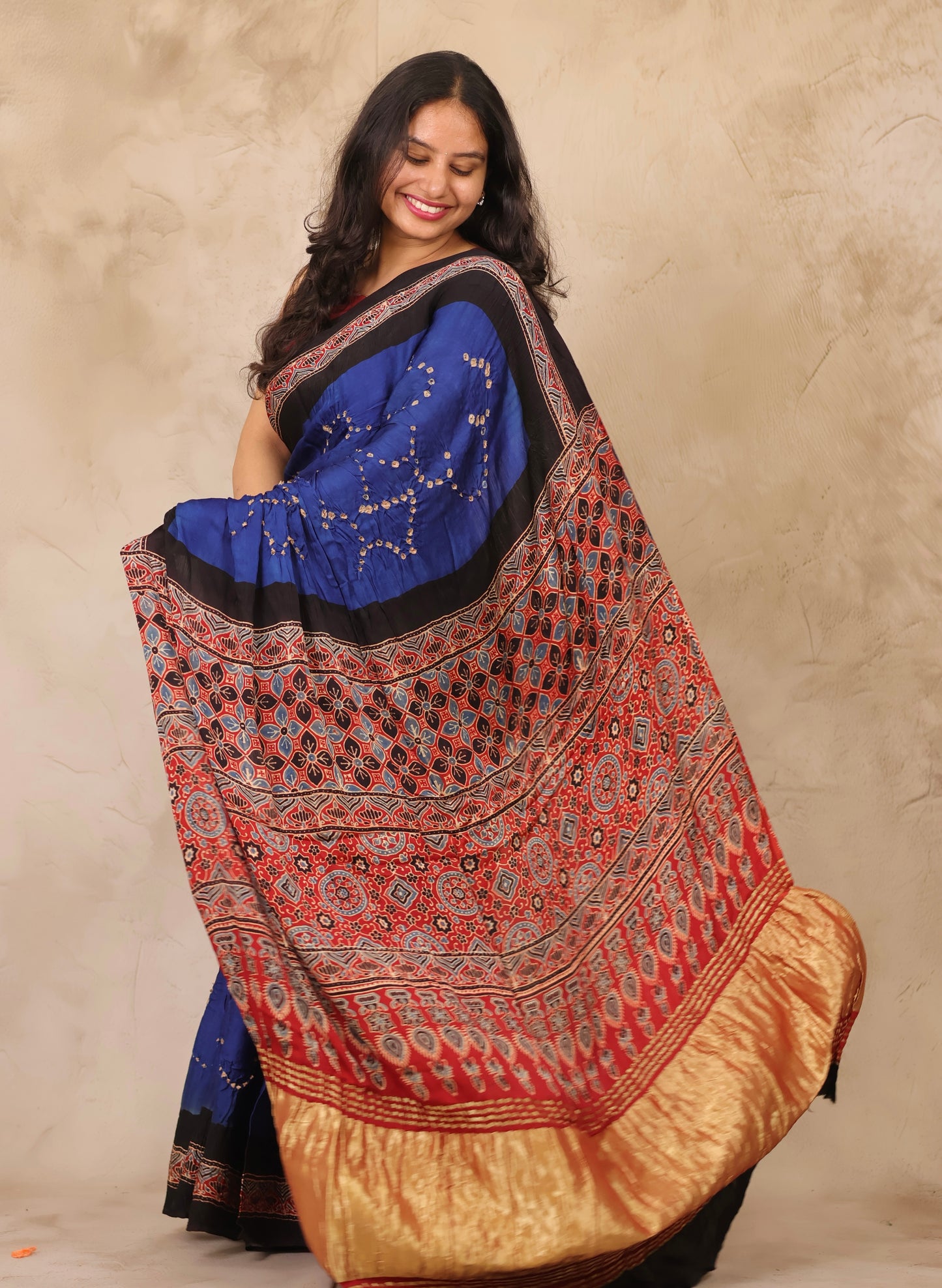 Blue Hand Knotted Bandhej Arakh Modal Silk Saree with Lagdi Pallu | Looms & Tassels