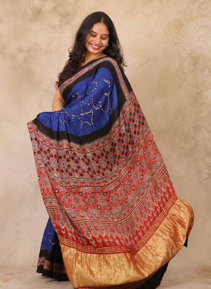 Blue Hand Knotted Bandhej Arakh Modal Silk Saree with Lagdi Pallu | Looms & Tassels