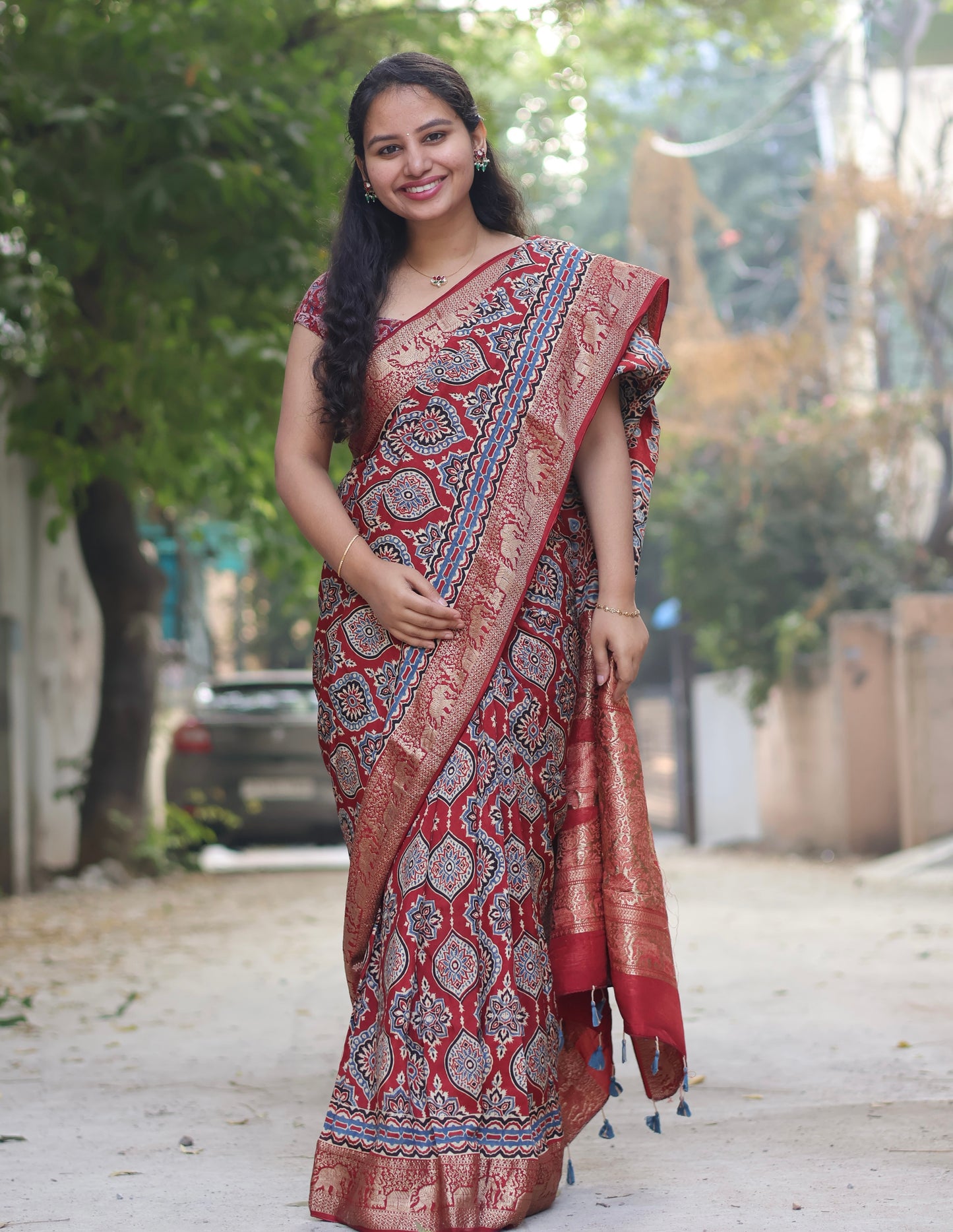 Red Traditional Badam Butta Ajrakh Handblock Printed Dola Silk Saree