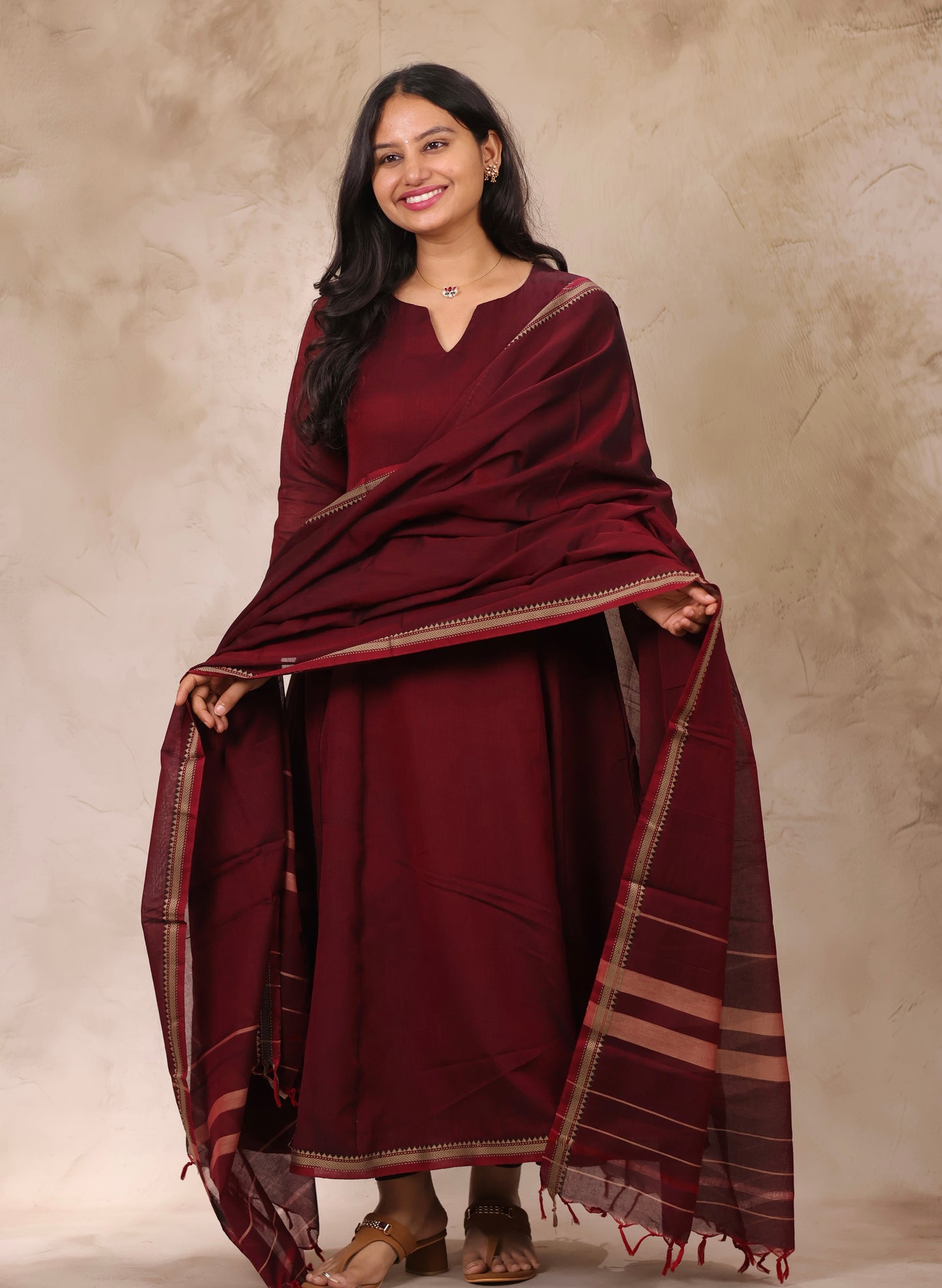 Maroon Narayanpet Cotton Kali Kurta with Narayanpet Dupatta | Looms & Tassels