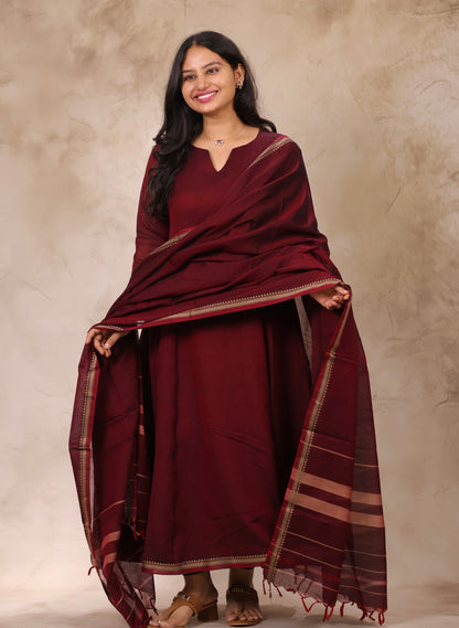 Maroon Narayanpet Cotton Kali Kurta with Narayanpet Dupatta | Looms & Tassels