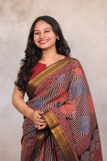 Ajrakh Hand Block Printed Mangalagiri Cotton Saree | Looms & Tassels