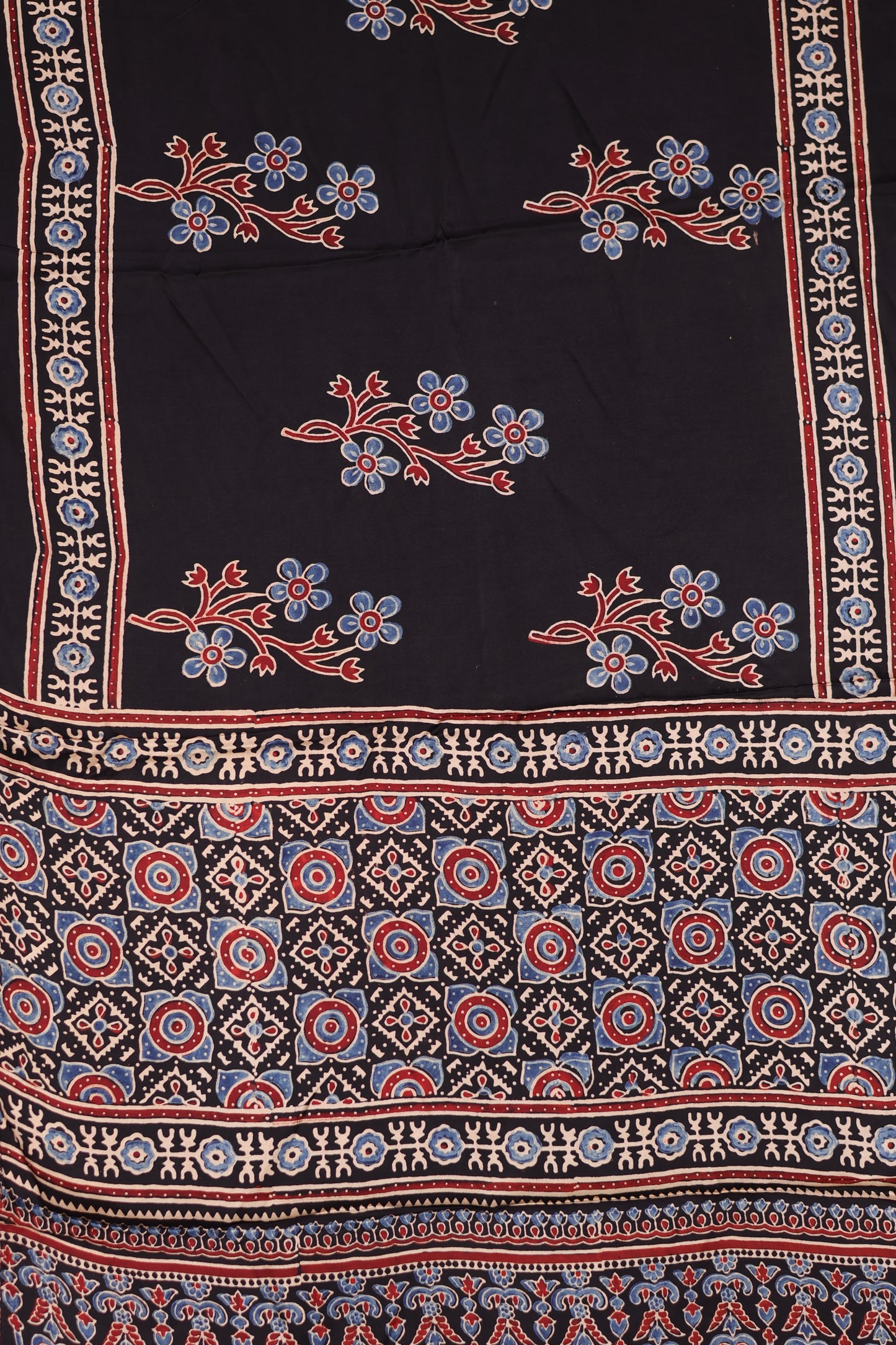 Black Ajrakh Hand Block Printed Modal Silk Stole | Looms & Tassels