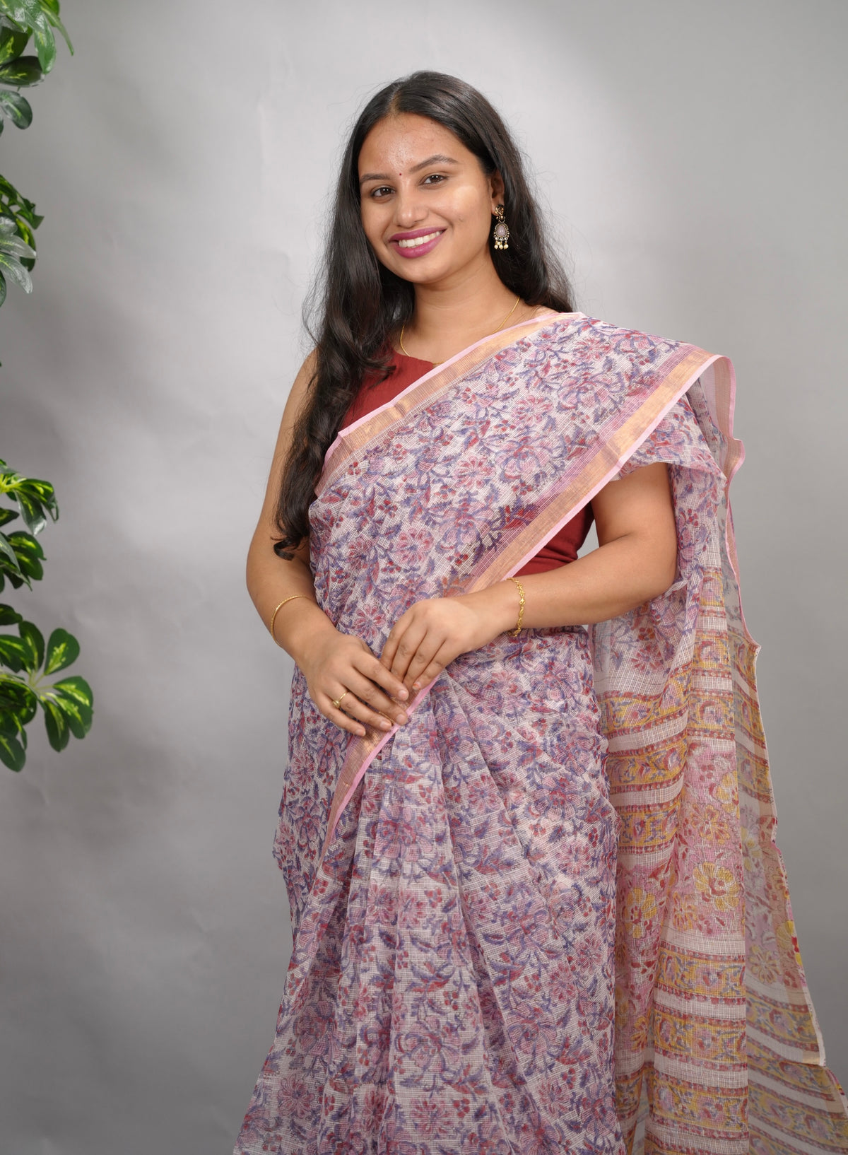 White & Lavender Pure Kota Doria Saree with Bagru Handblock Prints