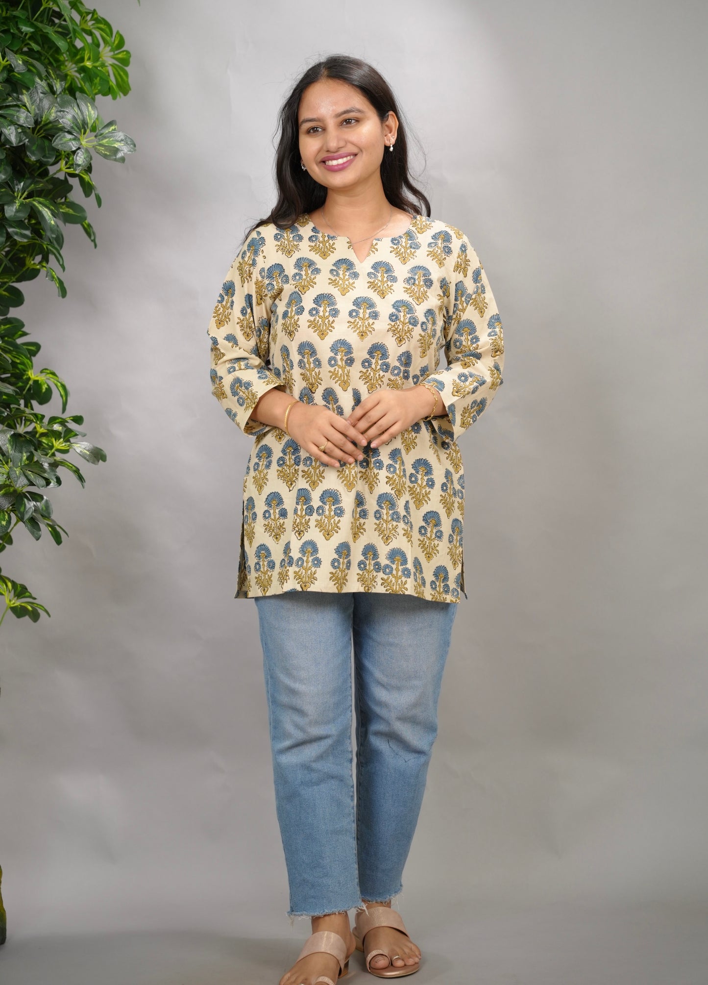 Cream Ajrakh Hand Block Printed Short Top