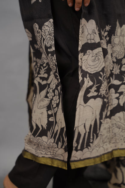 Black Kalamkari Kota Cotton 3 piece suit (stitched) | Looms & Tassels