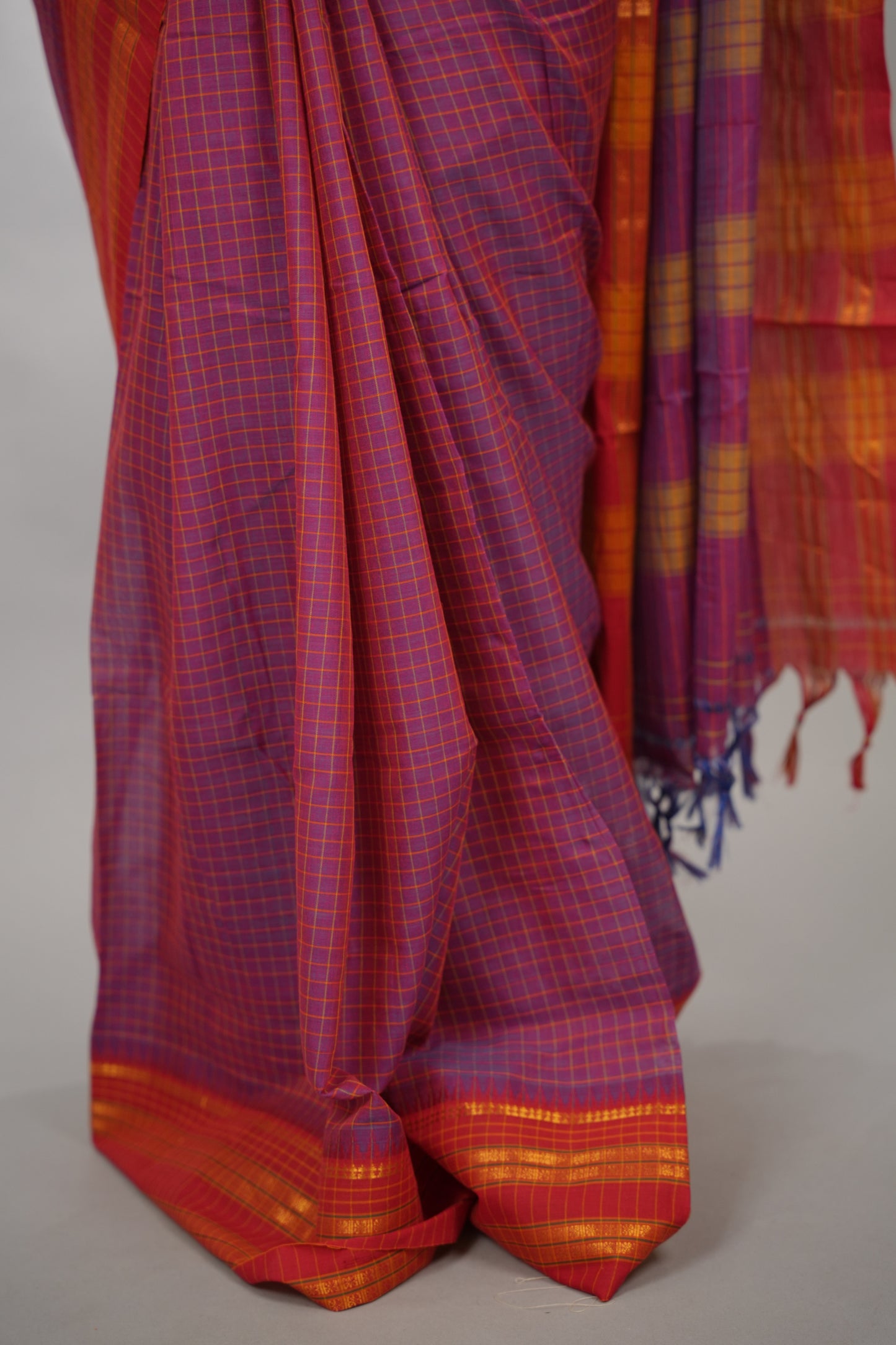 Purple Dual Tone Checks Narayanpet Cotton Saree with Traditional contrast Border | Looms & Tassels