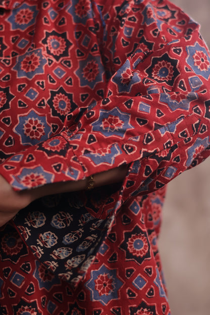 Red Ajrakh Handblock Printed Patch Work Shirt (Pure Cotton ) | Looms & Tassels