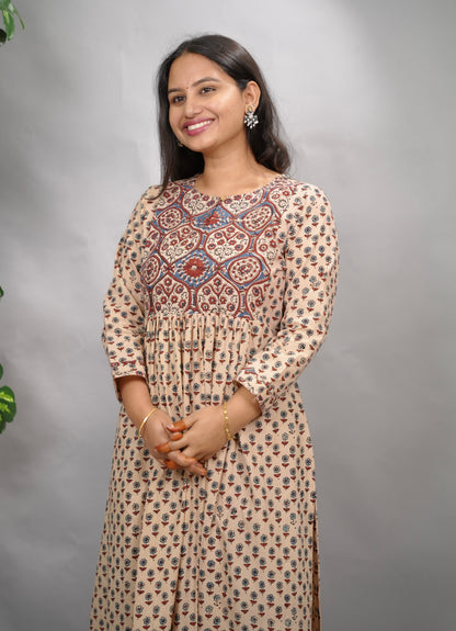 Cream Ajrakh Cotton Patchwork Aline Kurta | Looms & Tassels