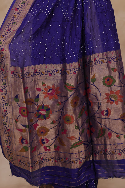 Blue Handcrafted Pattern Bandhani Paithani Dola Silk Saree | Looms & Tassels