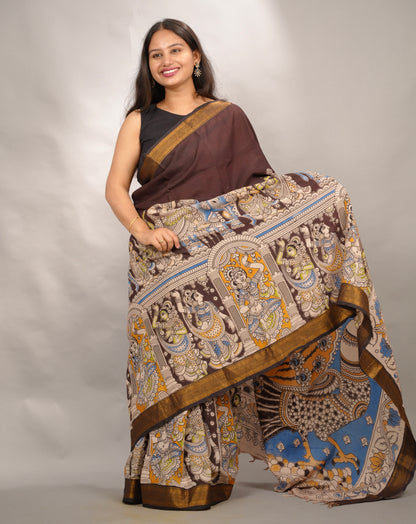 Brown Story Telling Kalamkari Nizam Border Chennur Silk Saree | Looms & Tassels