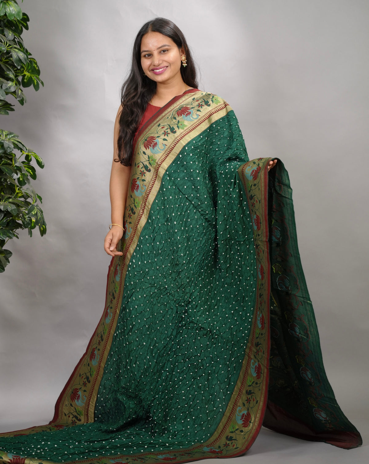 Green Handcrafted Bandhani Paithani Dola Silk Saree | Looms & Tassels