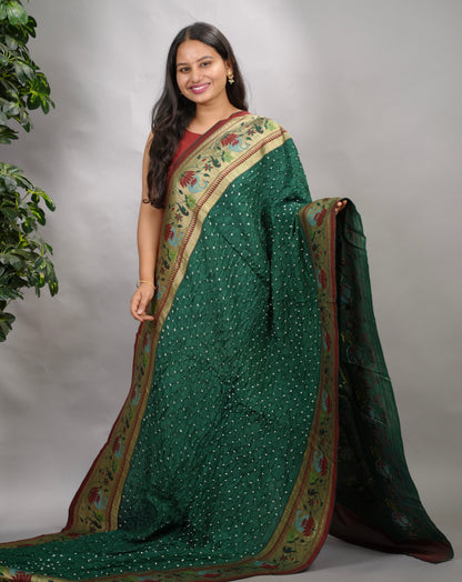 Green Handcrafted Bandhani Paithani Dola Silk Saree | Looms & Tassels