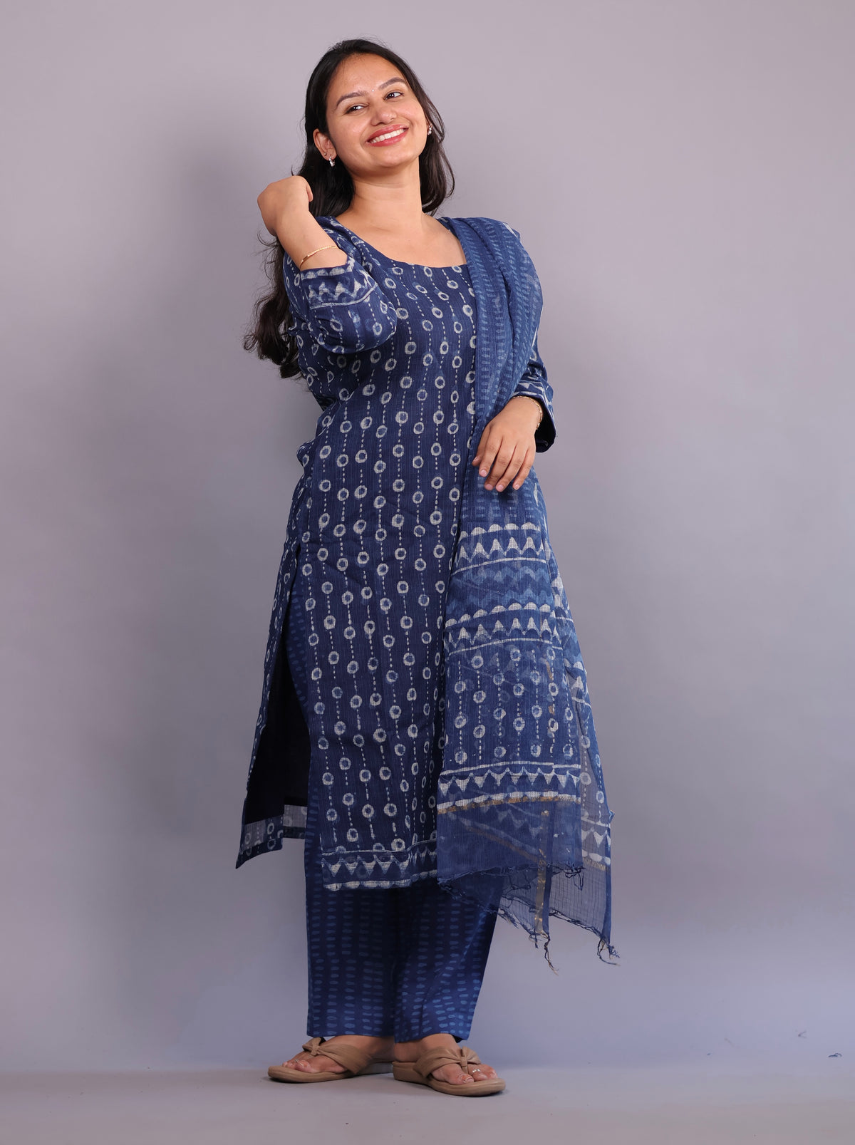 Indigo Handblock printed kota 3 piece suit (stitched)