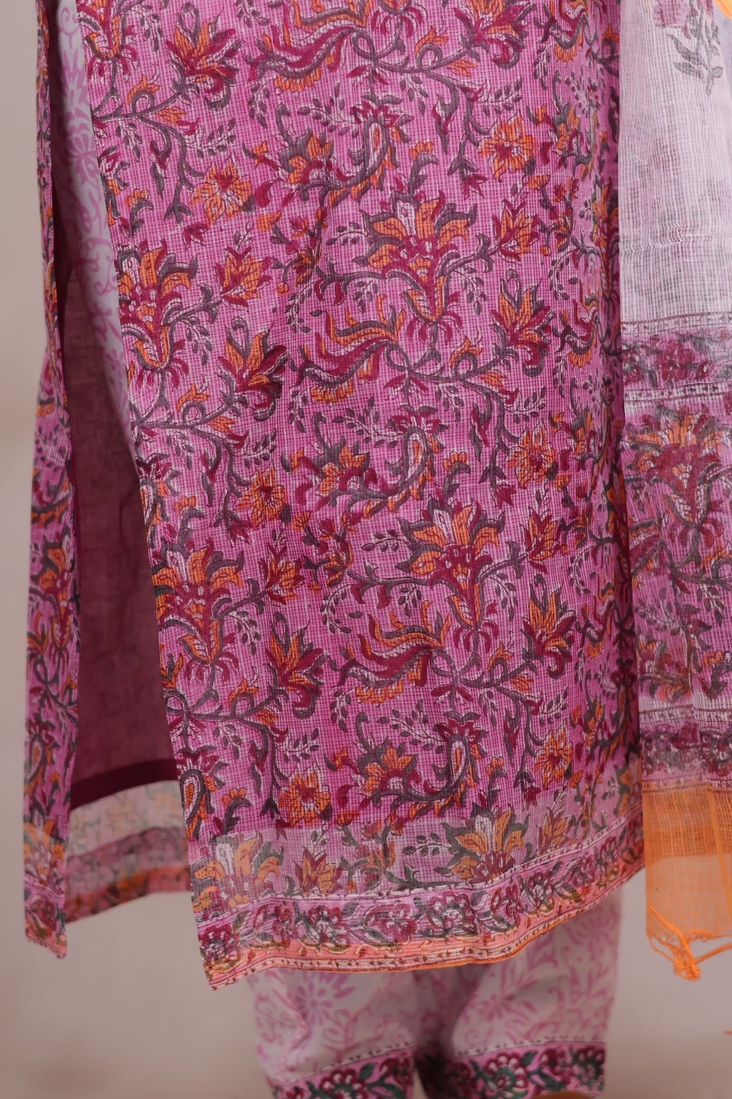 Pink Sangneri Handblock printed kota 3 piece suit (stitched)