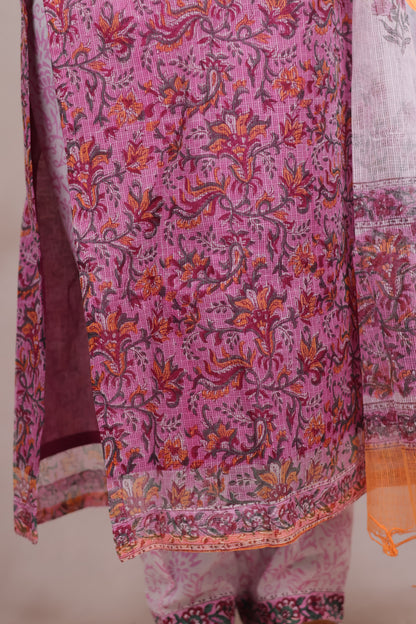 Pink Sangneri Handblock printed kota 3 piece suit (stitched)