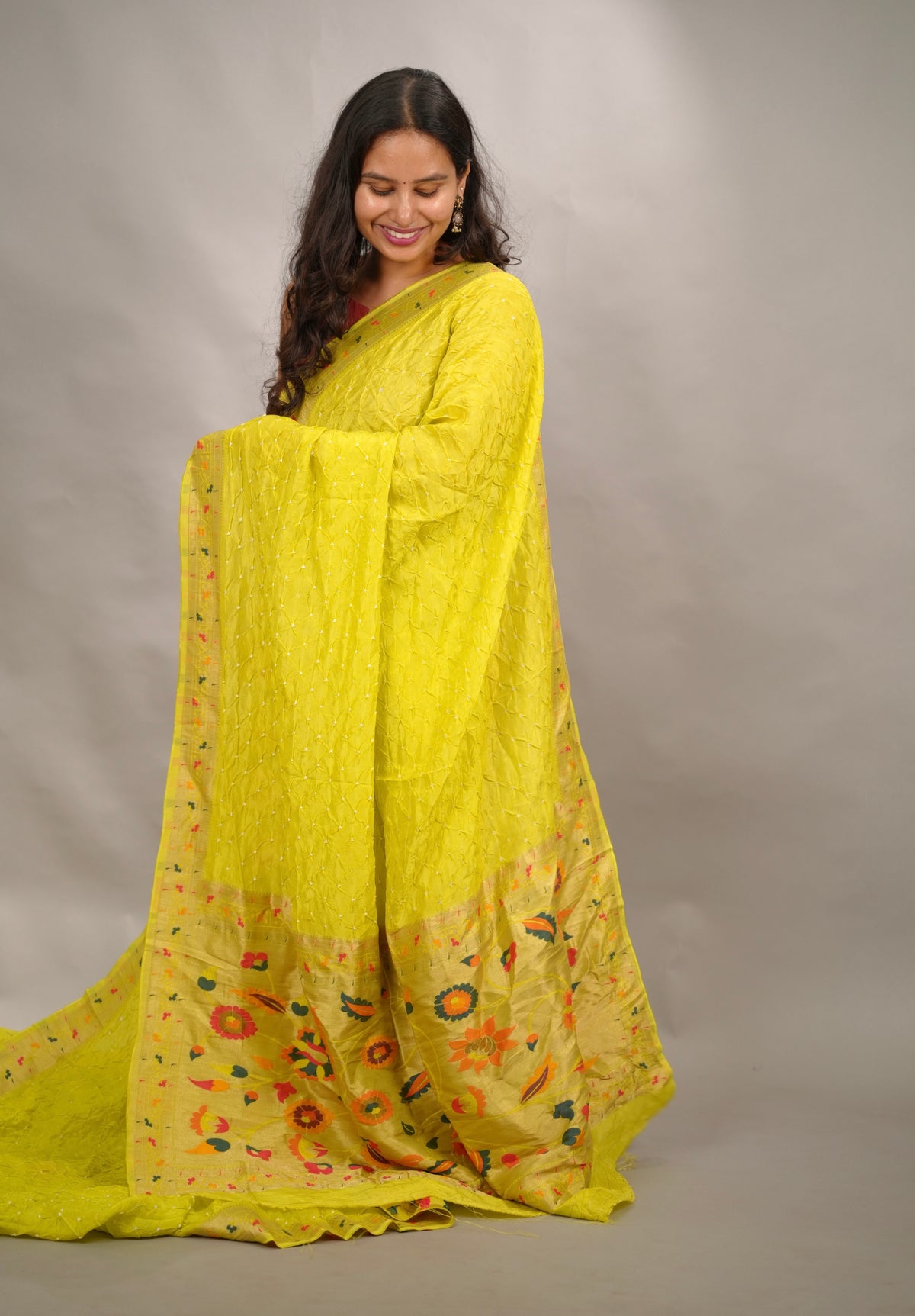 Lemon Green Handcrafted Bandhani Paithani Dola Silk Saree | Looms & Tassels