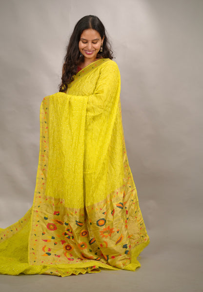 Lemon Green Handcrafted Bandhani Paithani Dola Silk Saree | Looms & Tassels