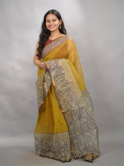 Yellow Pure Kota Doria Saree with Bagru Handblock Prints | Looms & Tassels