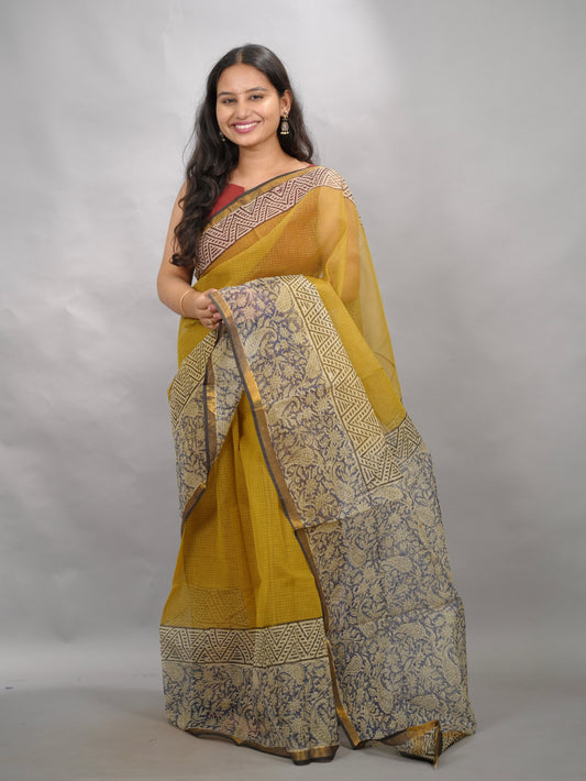 Yellow Pure Kota Doria Saree with Bagru Handblock Prints | Looms & Tassels