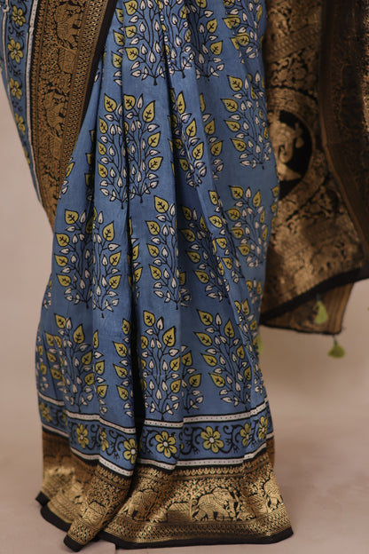 Sky Blue Ajrakh Handblock printed Dola Silk Saree | Looms & Tassels