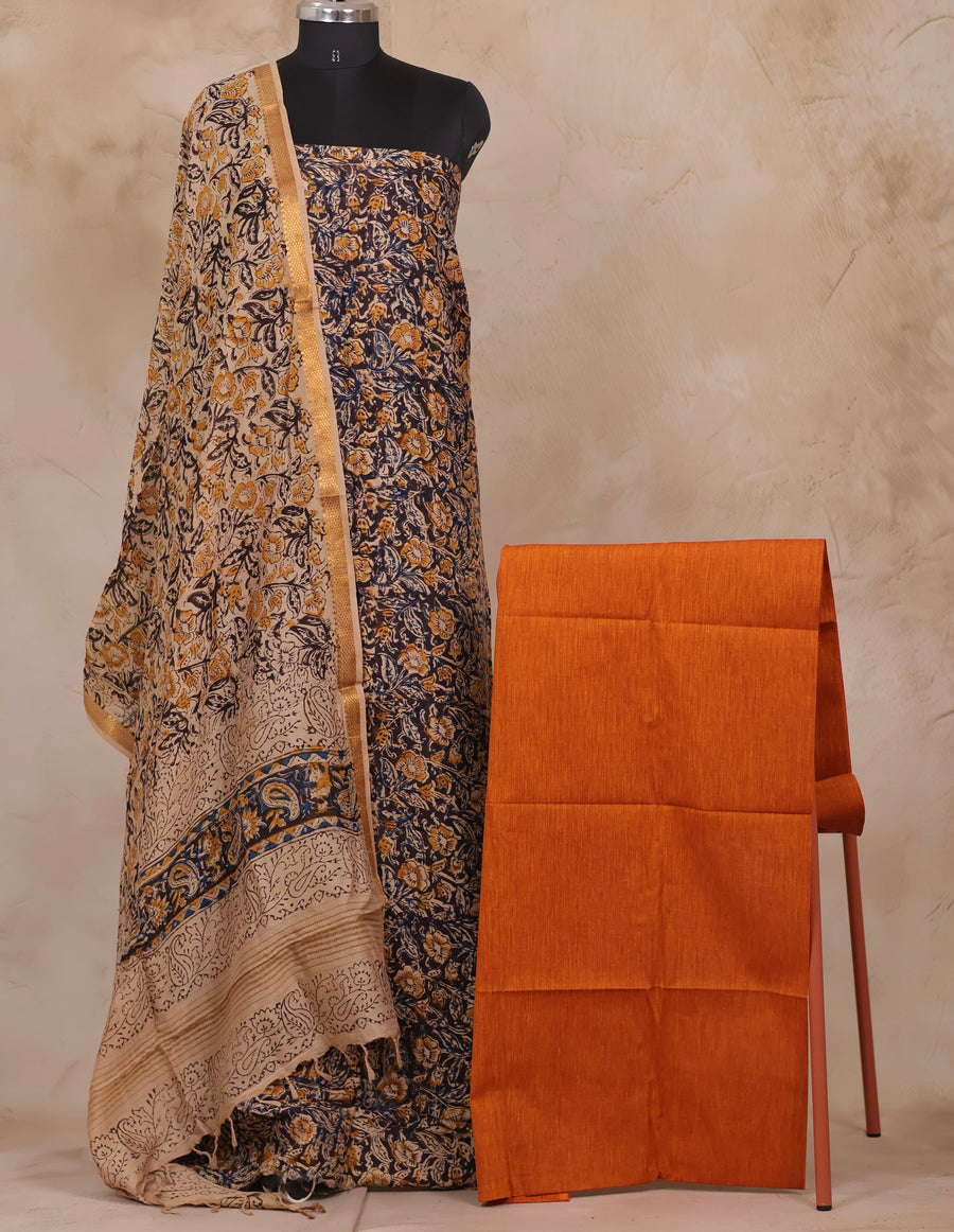 Blue And Yellow Hand Block Printed Kalamkari Unstitched 3pc Suit Set