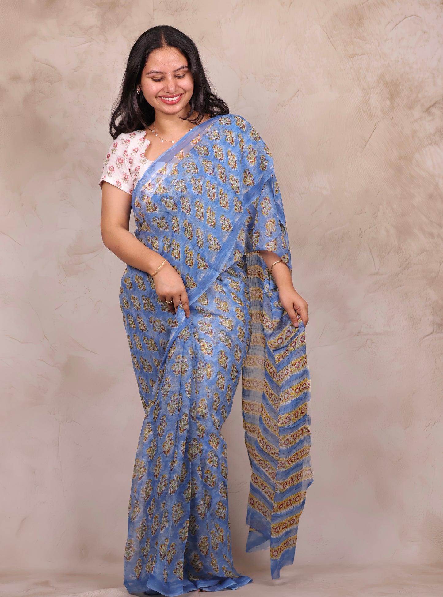 Blue Chiffon Hand Block Printed Saree | Looms & Tassels