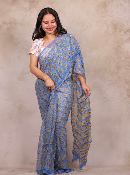 Blue Chiffon Hand Block Printed Saree | Looms & Tassels