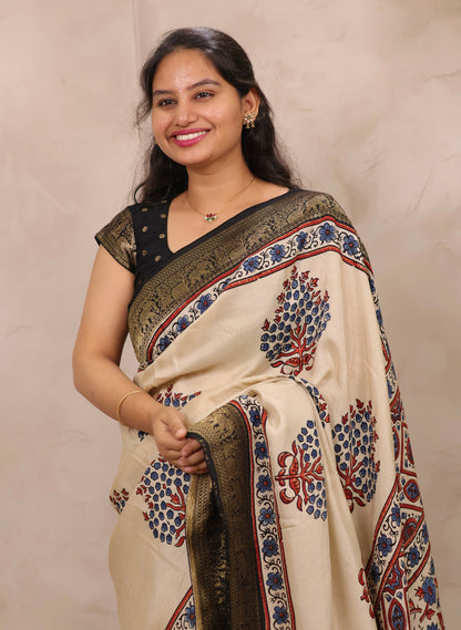 Cream Ajrakh Handblock printed Dola Silk Saree | Looms & Tassels