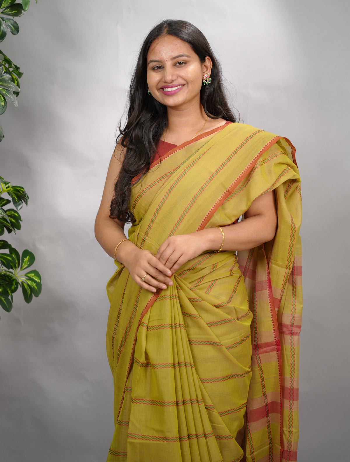 Olive Green Narayanpet Cotton Saree | Looms & Tassels