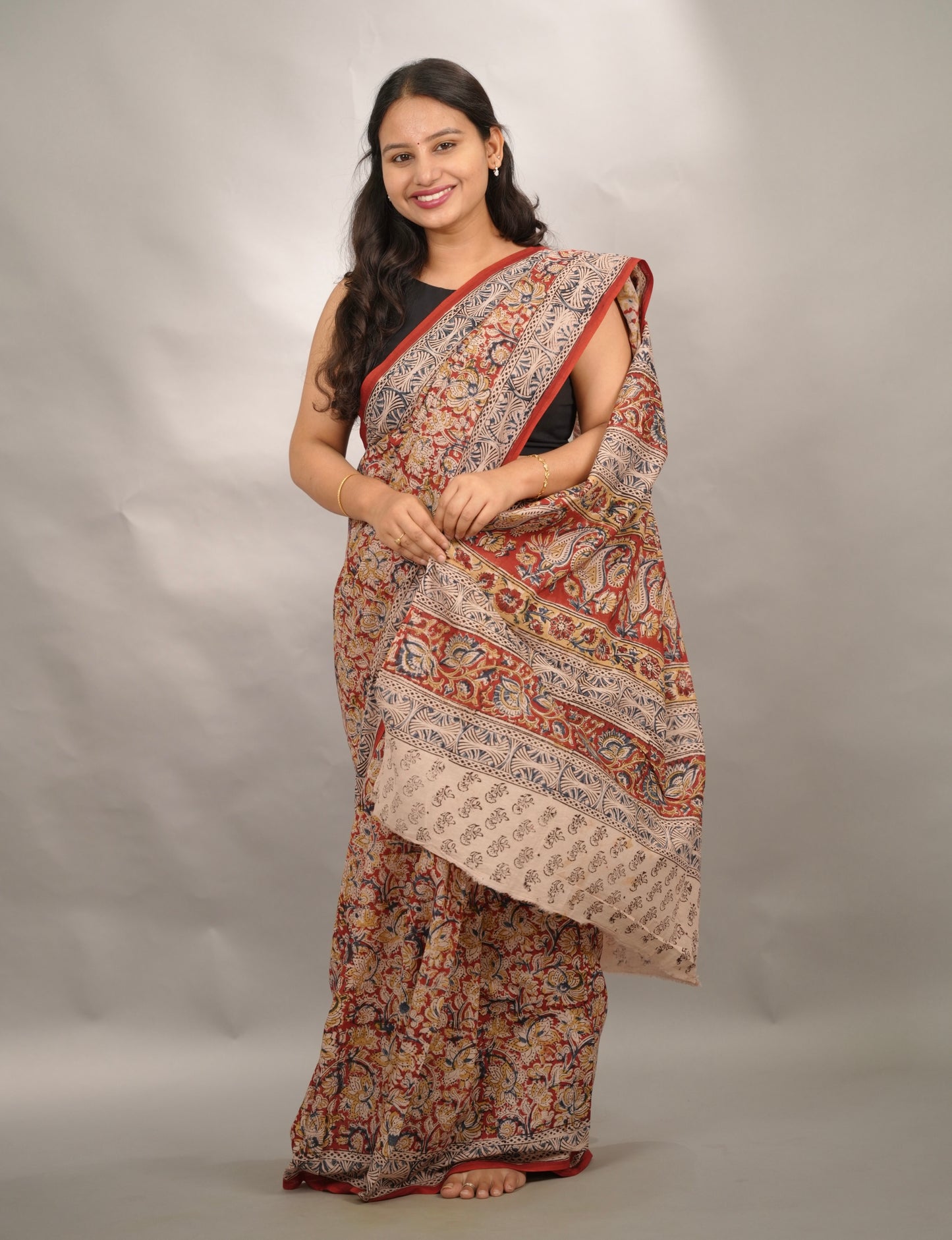 Red Hand Block Printed Kalamkari Cotton Saree | Looms & Tassels